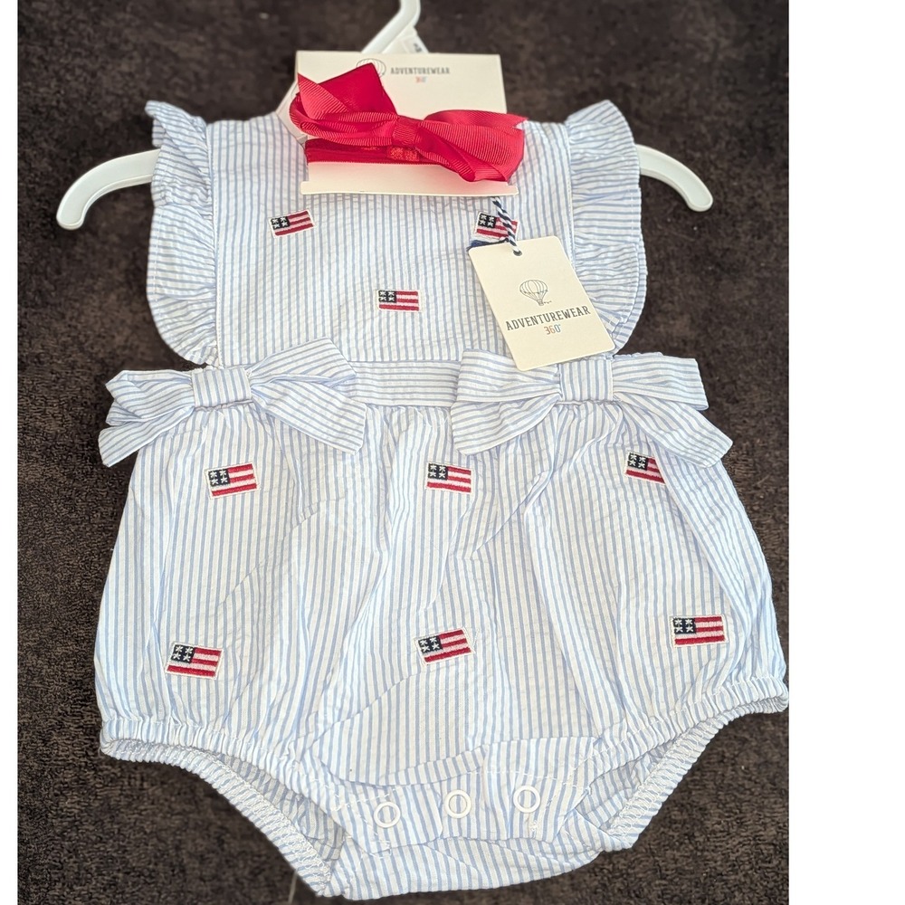 Adventurewear 360 Baby Seersucker American Flag Bubble‎ Romper Headband 3M NWT